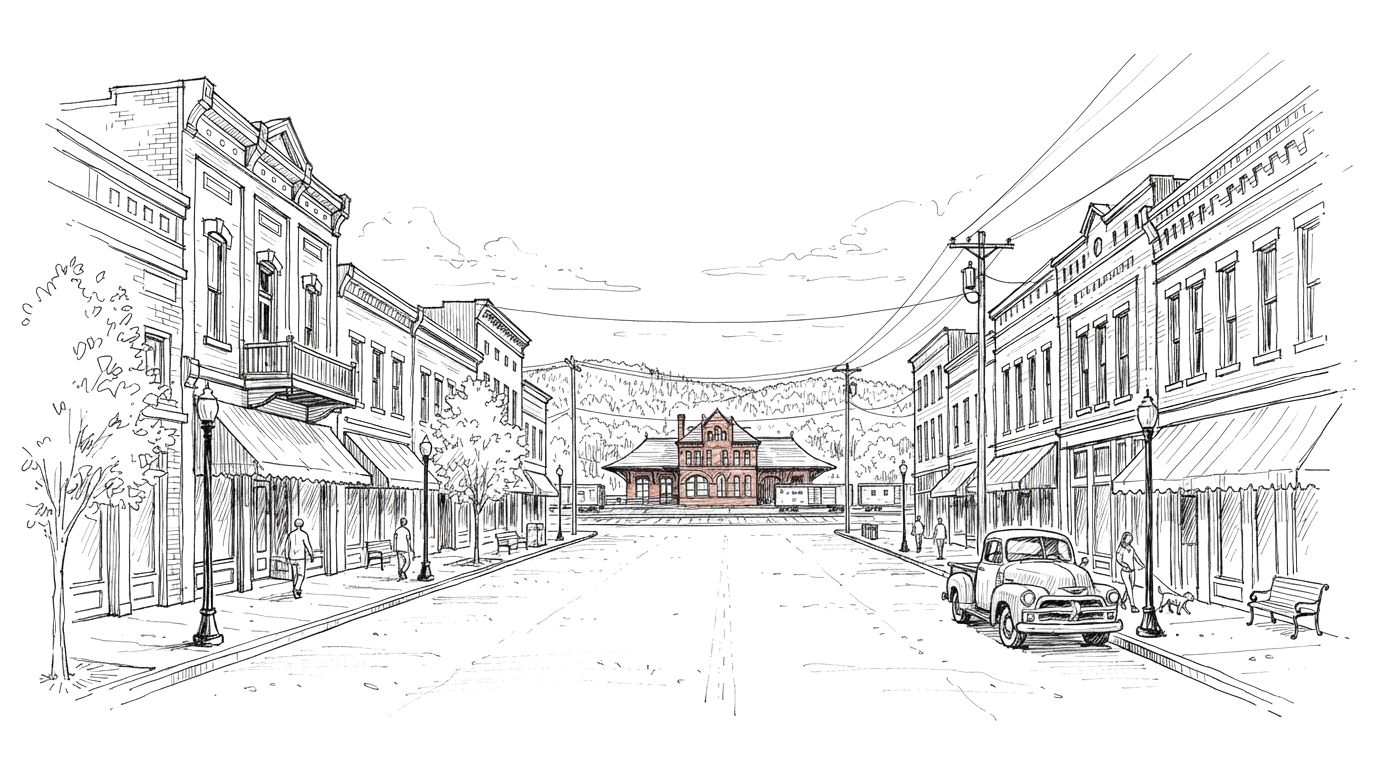 Ink drawing of a small-town main street lined with brick storefronts and awnings, a red brick railroad depot at the far end with wooded hills behind it, and an old pickup truck parked at the curb.